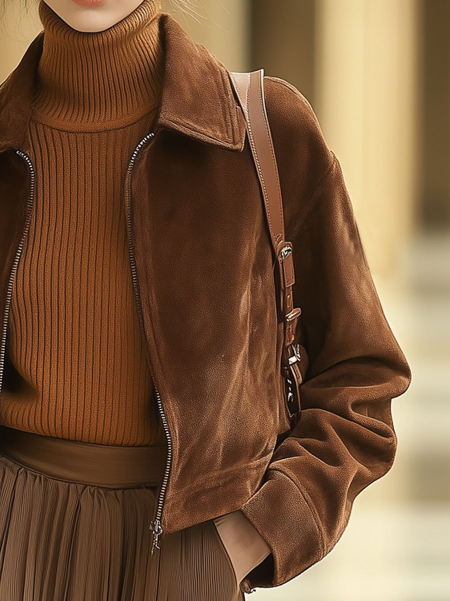 Casual Loose Solid Color Suede Zipper Pocket Short Jacket
