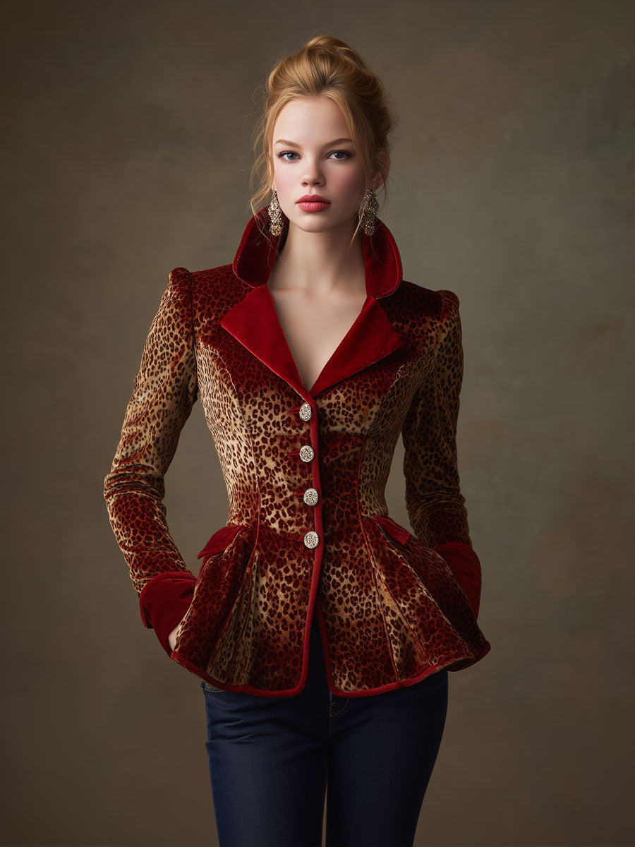 Stylish Retro Red Velvet Trim Leopard Print Ruffled Waist-cinching Blazer