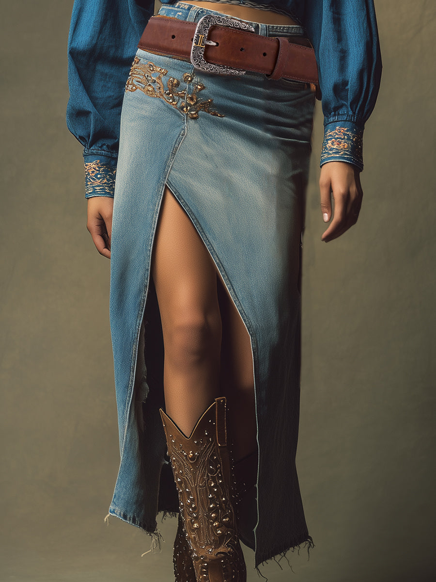 Casual Retro Blue Denim Rhinestone Slit Skirt