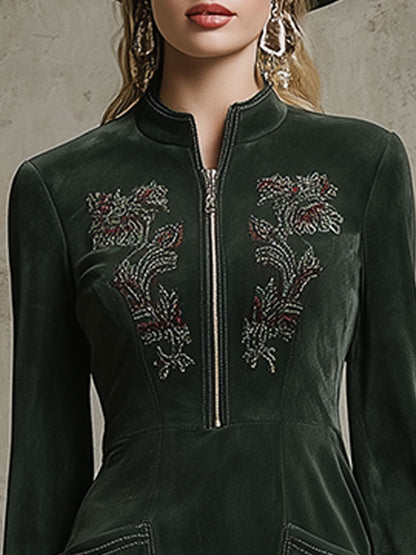 Western-style Retro Embroidered Green Faux Suede Mini Dress