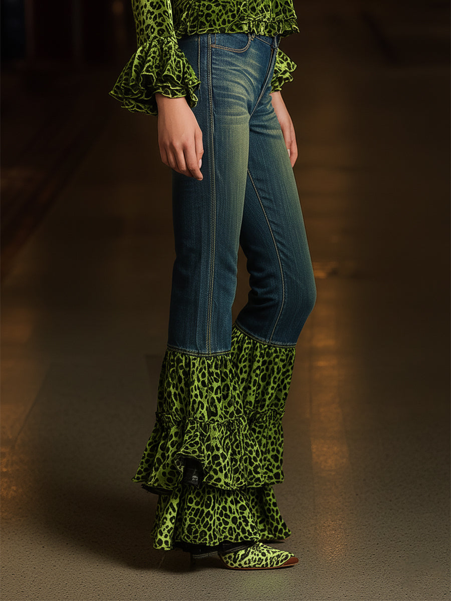 Vintage Distressed Blue-green Leopard Print Ruffled Jeans