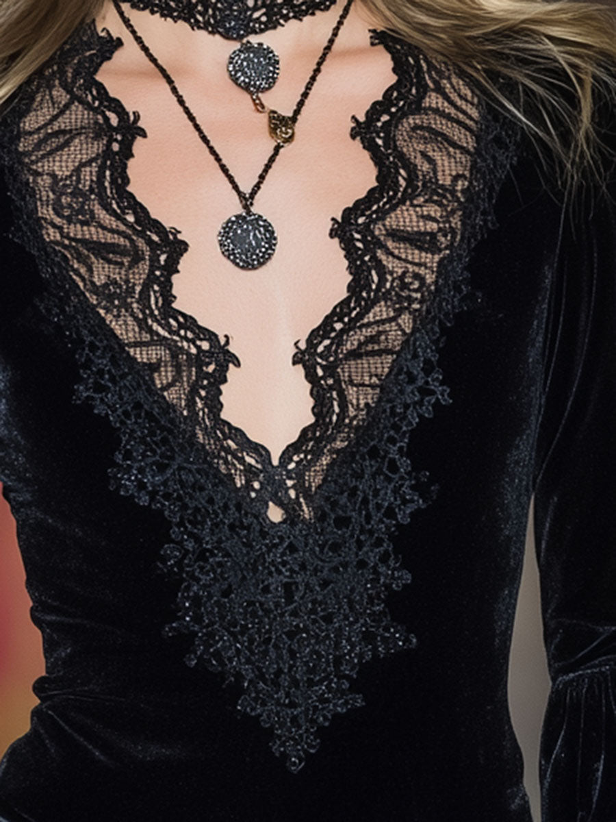Western Black Velvet Patchwork Lace V-Neck Flared Sleeve Shirt