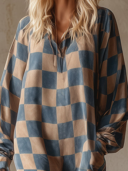 Stylish And Casual Blue-beige Checkered Faux Suede Midi Dress