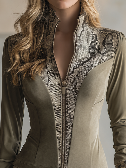 Trendy Western Snake Print Zip-Up Blouse