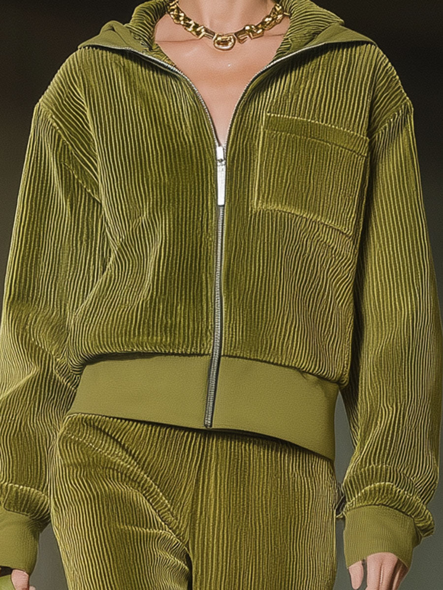 Stylish Olive Green Corduroy Zip-up Jacket And Long Suit