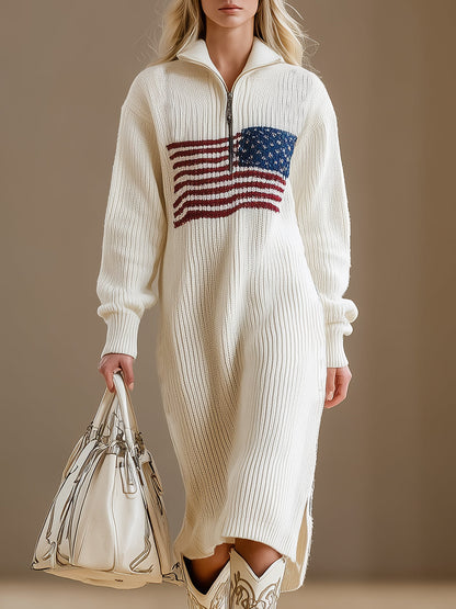 White Knitted With Zipper Design And American Flag Pattern On The Chest  Midi Dress