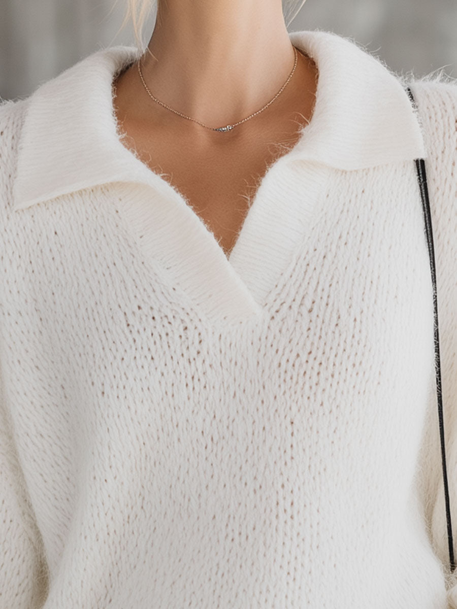 Stylish And Casual White Knitted Collar Sweater