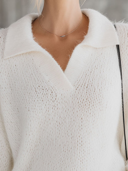 Stylish And Casual White Knitted Collar Sweater
