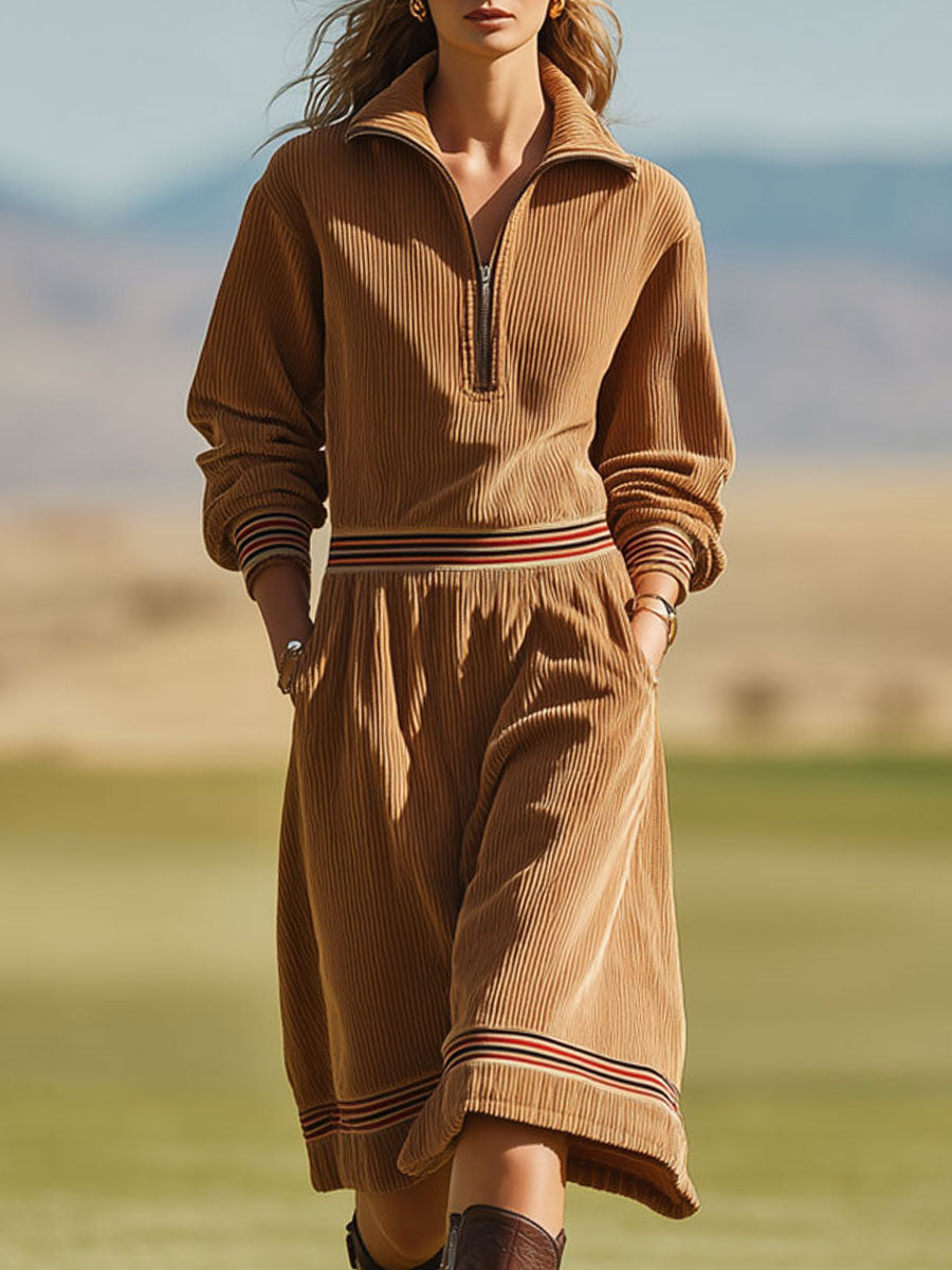 Sporty Retro Striped Half-zip Long-sleeved Camel Corduroy Mini Dress