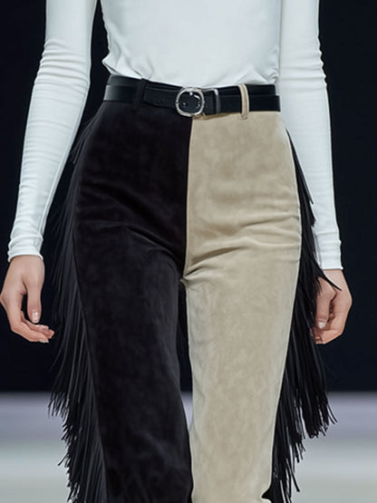 Western Retro-style Fringed Color-blocked Faux Suede Pants