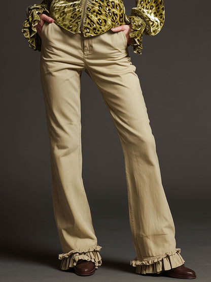 Casual Retro Cotton Fabric Ruffled Light Khaki Straight-leg Flared Pants