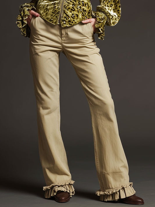 Casual Retro Cotton Fabric Ruffled Light Khaki Straight-leg Flared Pants