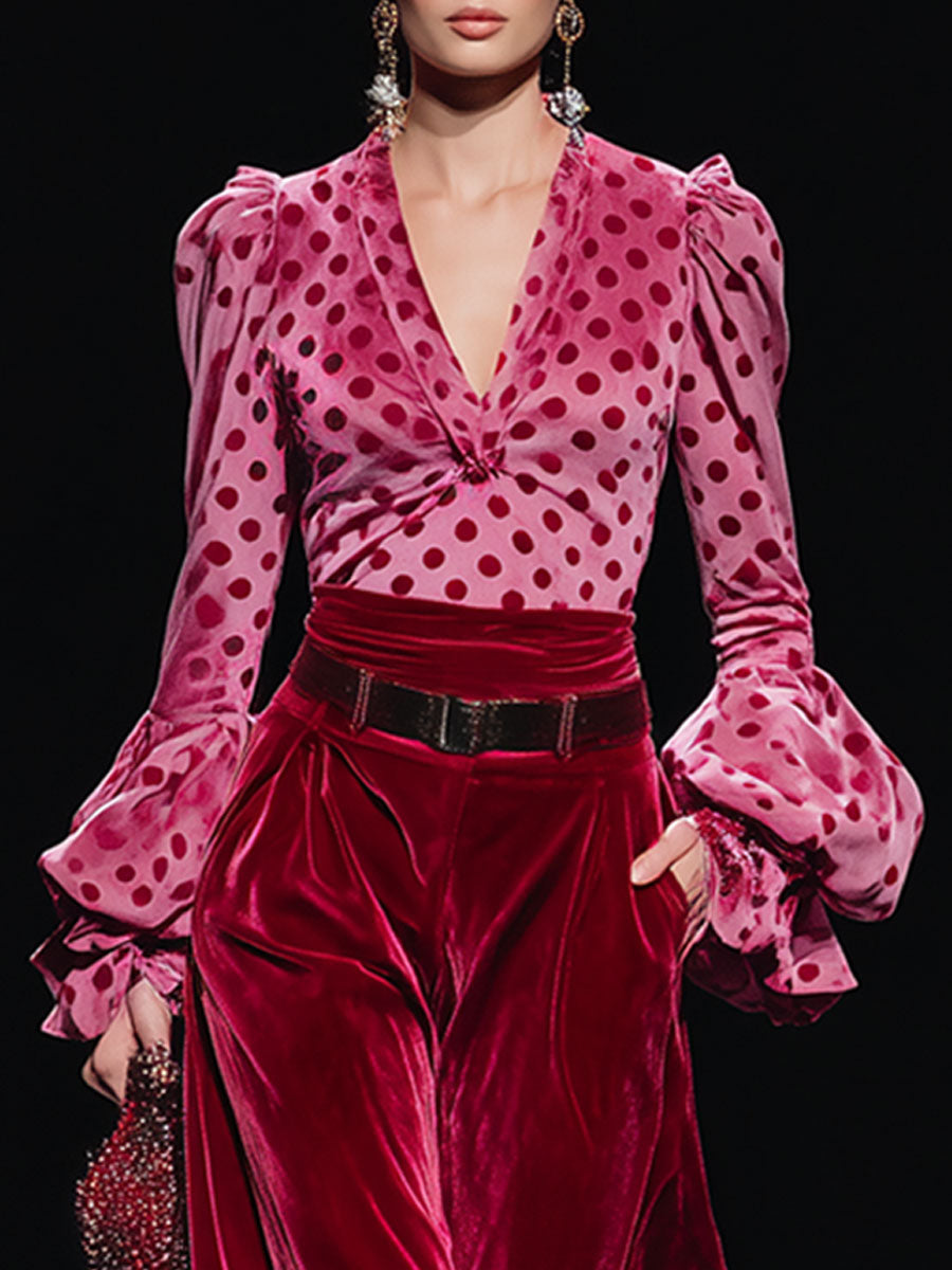 Trendy Retro Polka Dot Red Velvet V-neck Long-sleeved T-shirt And Wide-leg Pants Set