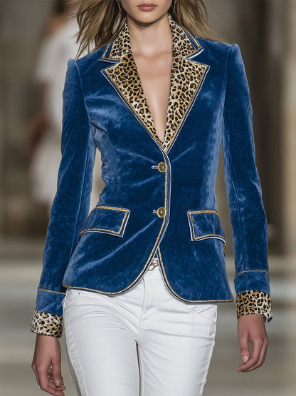 Western-style Blue Velvet Patchwork Leopard Print Button Blazer