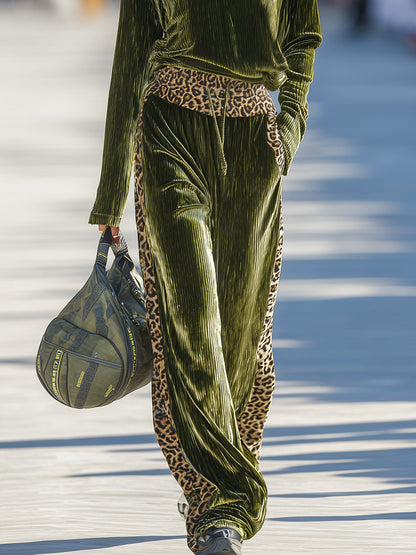 Sporty Casual Leopard Print Trim Green Corduroy Set
