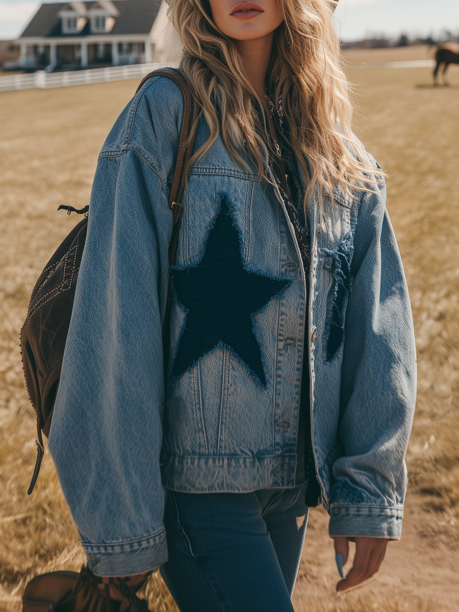 Trendy Western-style Star-patterned Frayed Denim Jacket