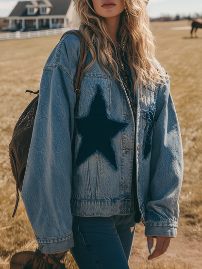 Trendy Western-style Star-patterned Frayed Denim Jacket