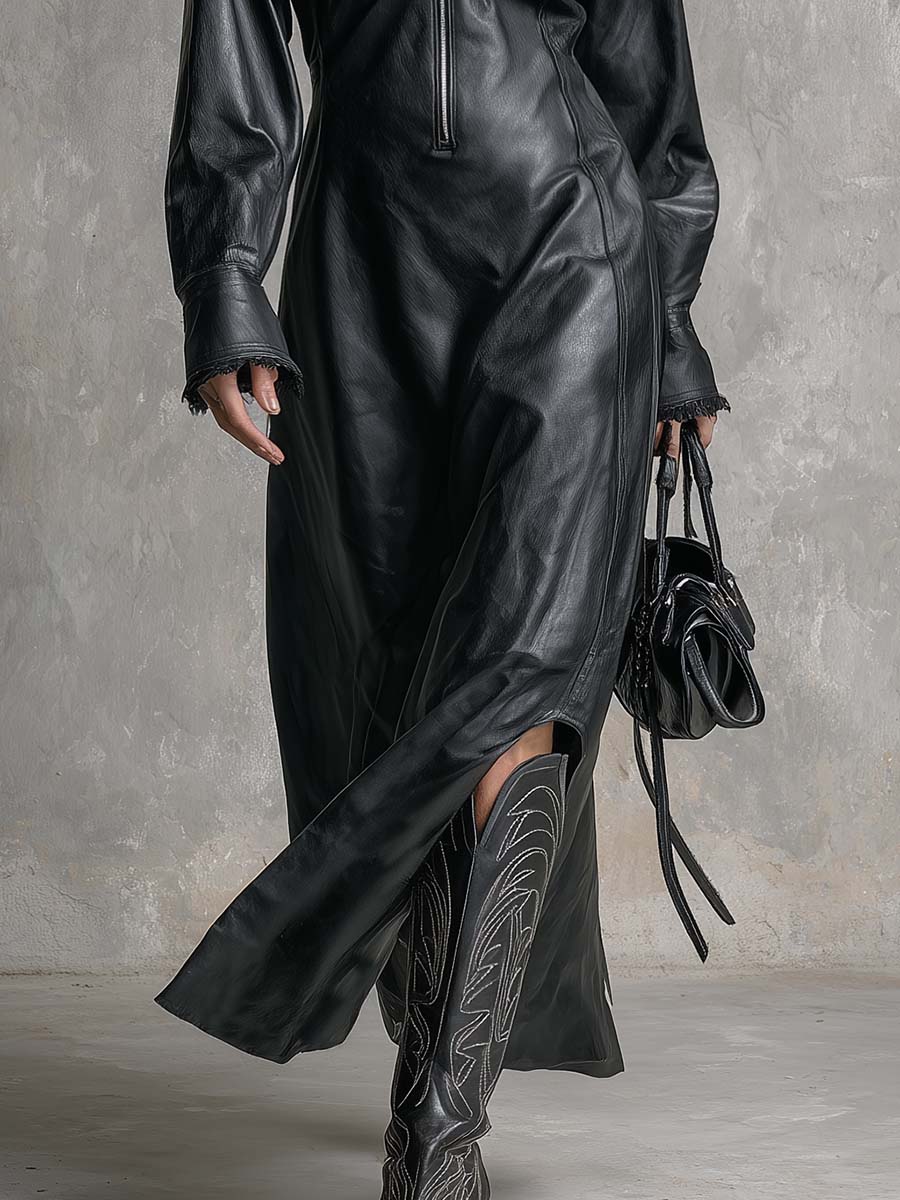 Vintage Temperament Lace Details Front Zipper High-quality Black Slit Leather Maxi Dress