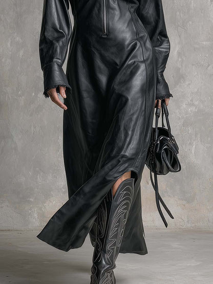 Vintage Temperament Lace Details Front Zipper High-quality Black Slit Leather Maxi Dress