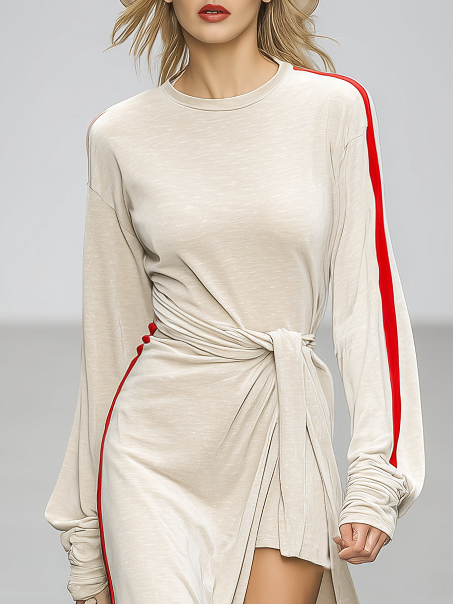 Casual And Stylish Red Trim Beige Sporty Maxi Dress