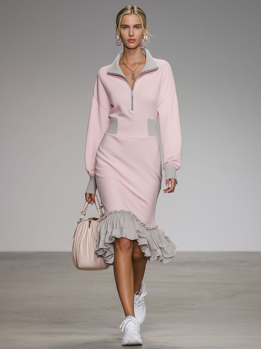 Stylish And Casual Grey Ruffled Pink Cotton Midi Dress