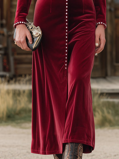 Western Red Velvet V-Neck Studded Midi Dress