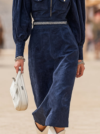 Western Retro Stand-up Collar Zip-up Dark Blue Faux Suede Midi Dress