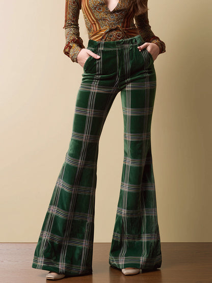 Vintage Emerald Plaid Print Velvet Flared Pants