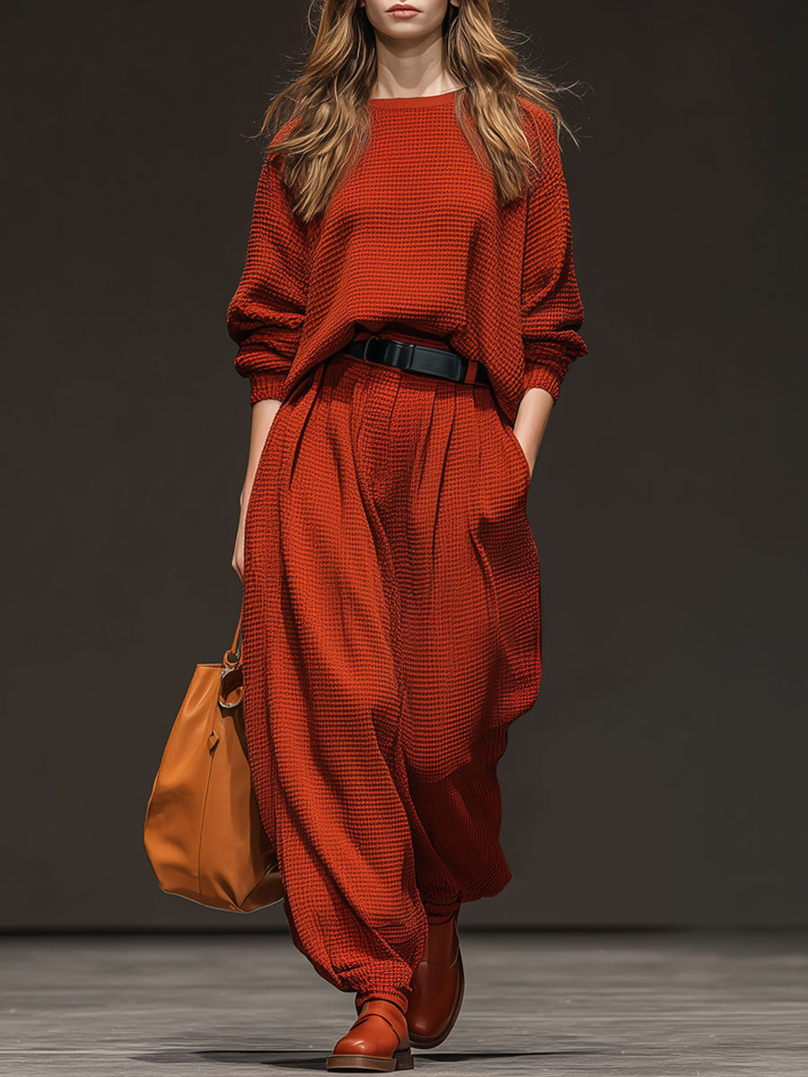 Casual Sporty Retro Red Waffle Knit Crew Neck Sweatshirt And Pants Set