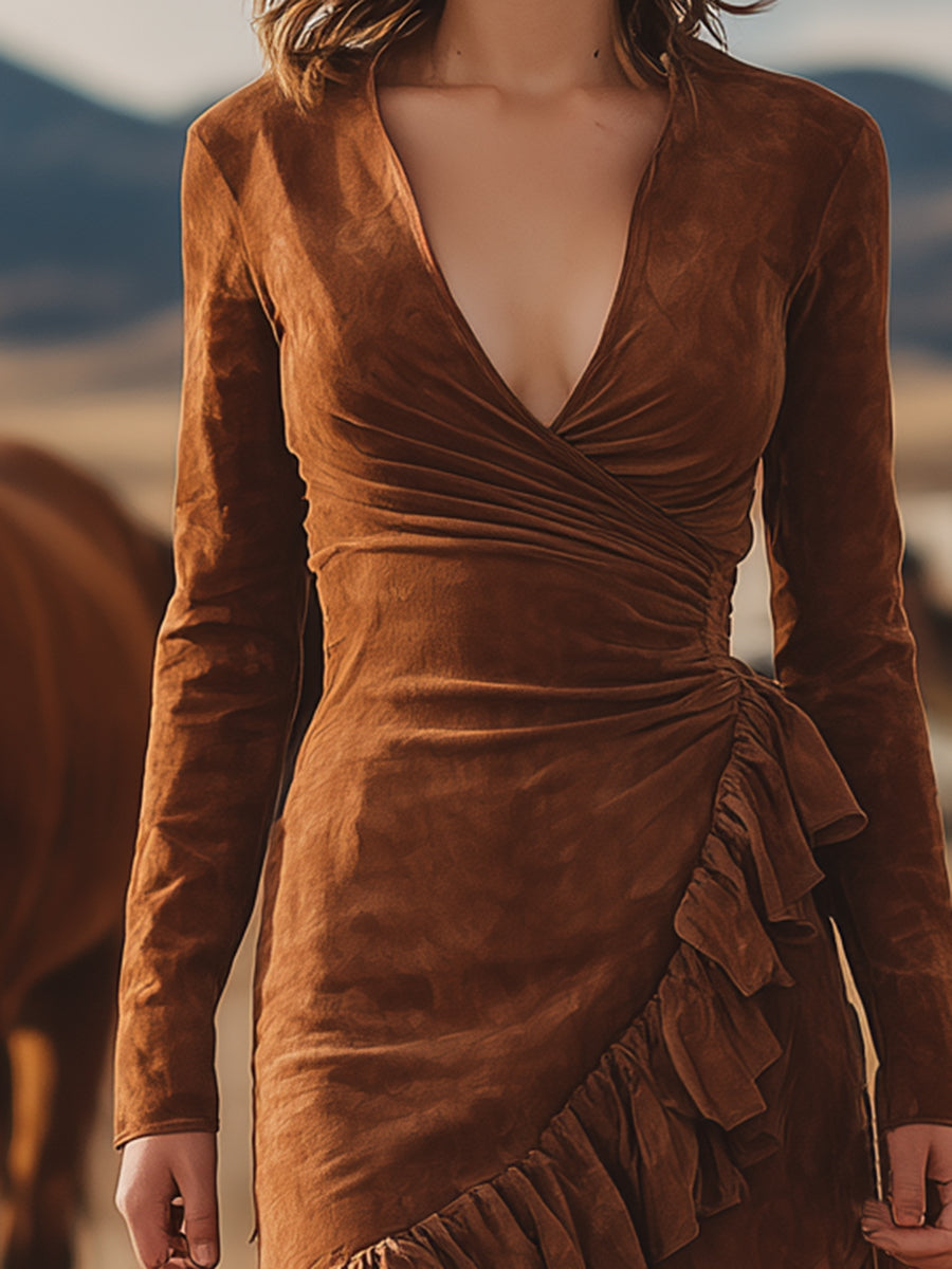 Western Brown Faux Suede V-neck Ruffle Mini Dress