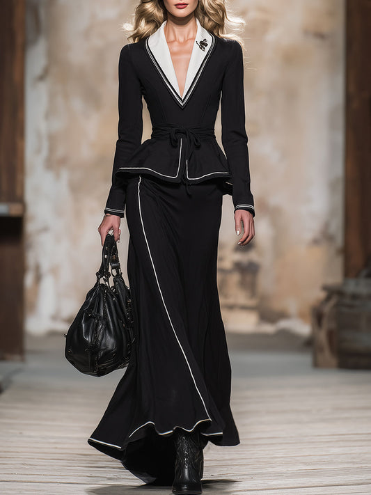 Simple And Stylish White Collared Black Jacket And Skirt Set