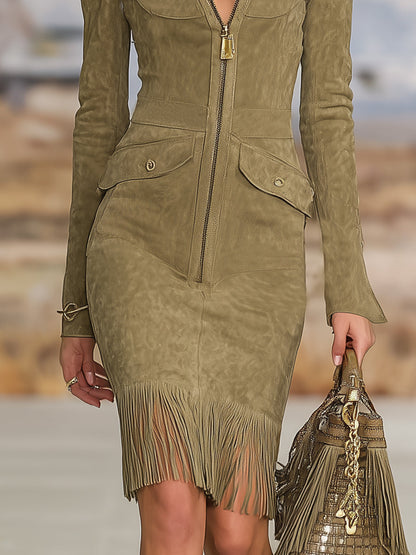Casual Retro Khaki Hooded Faux Suede Zipper Tassel Midi Dress