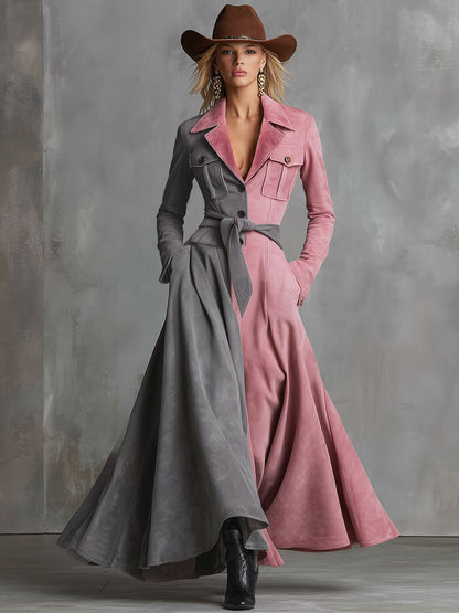 Western-style Multi-pocket Single-breasted Color-blocked Faux Suede Maxi Dress