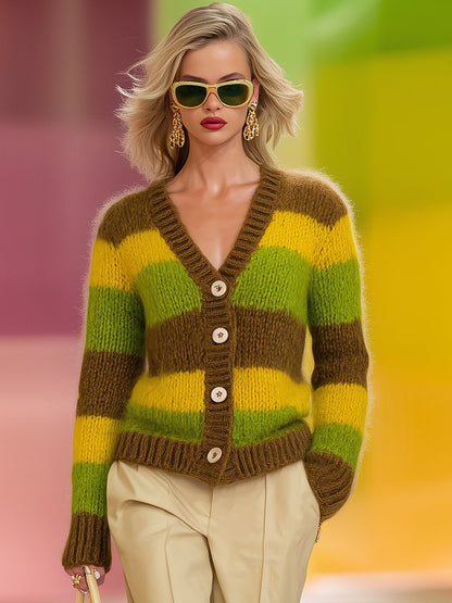 Casual Brown And Yellow-green Striped Knit Cardigan