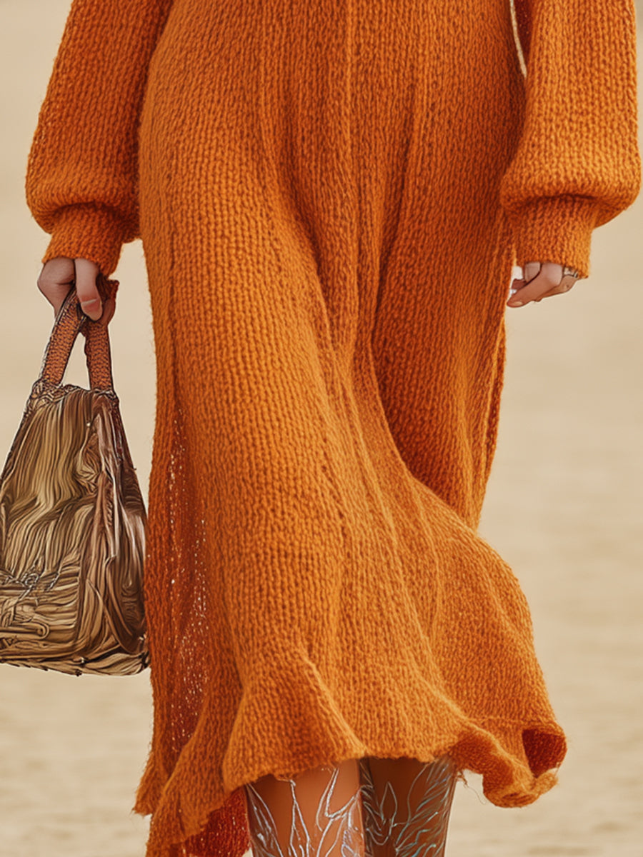 Western Orange Knit Unique Design Neckline With Rhinestone Chain Midi Dress