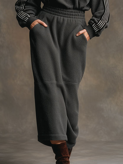 Sporty Retro Striped Long-sleeved Half-zip Dark Gray Velvet Midi Dress