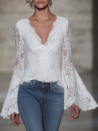 Stylish White Lace V-neck Bell Sleeve Top