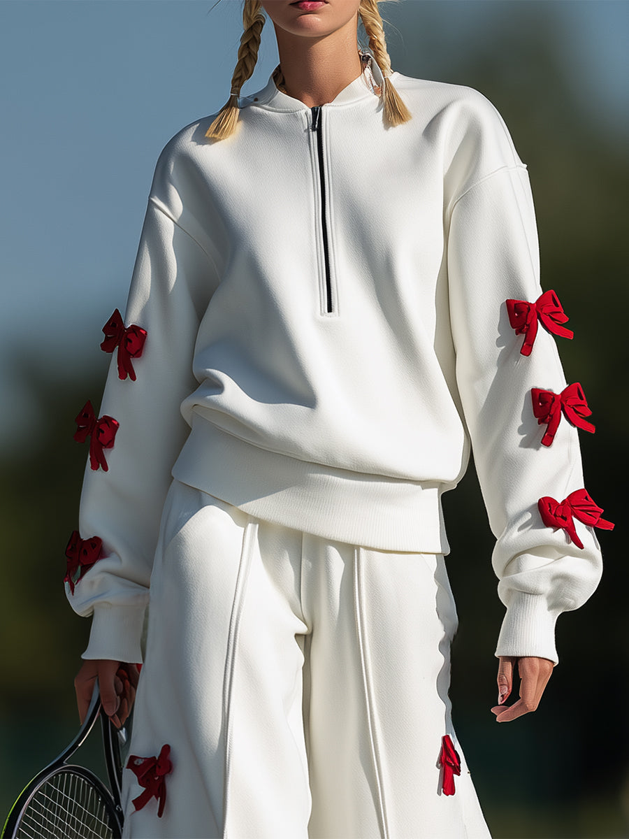 Ballet-inspired Sporty Red Bow White Sweatshirt And Wide-leg Pants Set