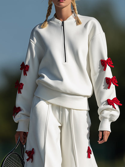 Ballet-inspired Sporty Red Bow White Sweatshirt And Wide-leg Pants Set