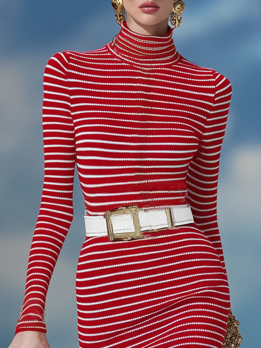 Stylish And Elegant Red And White Striped Turtleneck Fishtail Knit Midi Dress