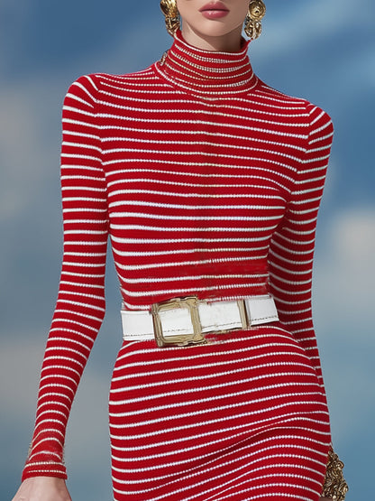 Stylish And Elegant Red And White Striped Turtleneck Fishtail Knit Midi Dress