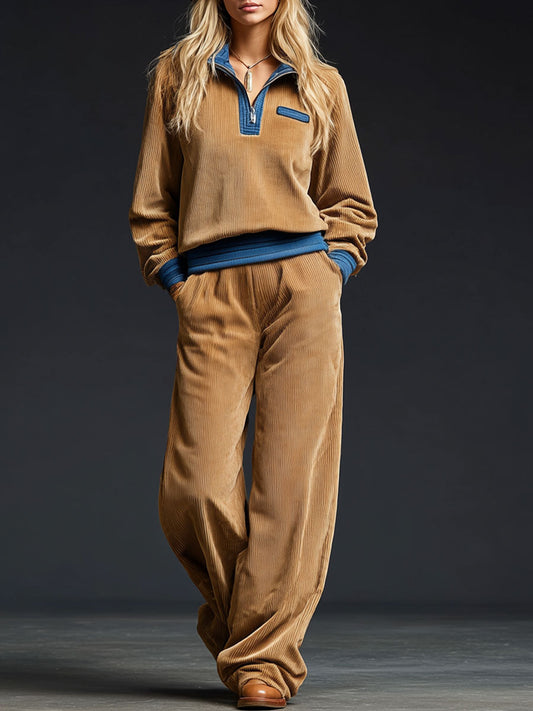 Casual Retro Corduroy Color Block Half-Zip Sweatshirt And Wide-Leg Pants Set