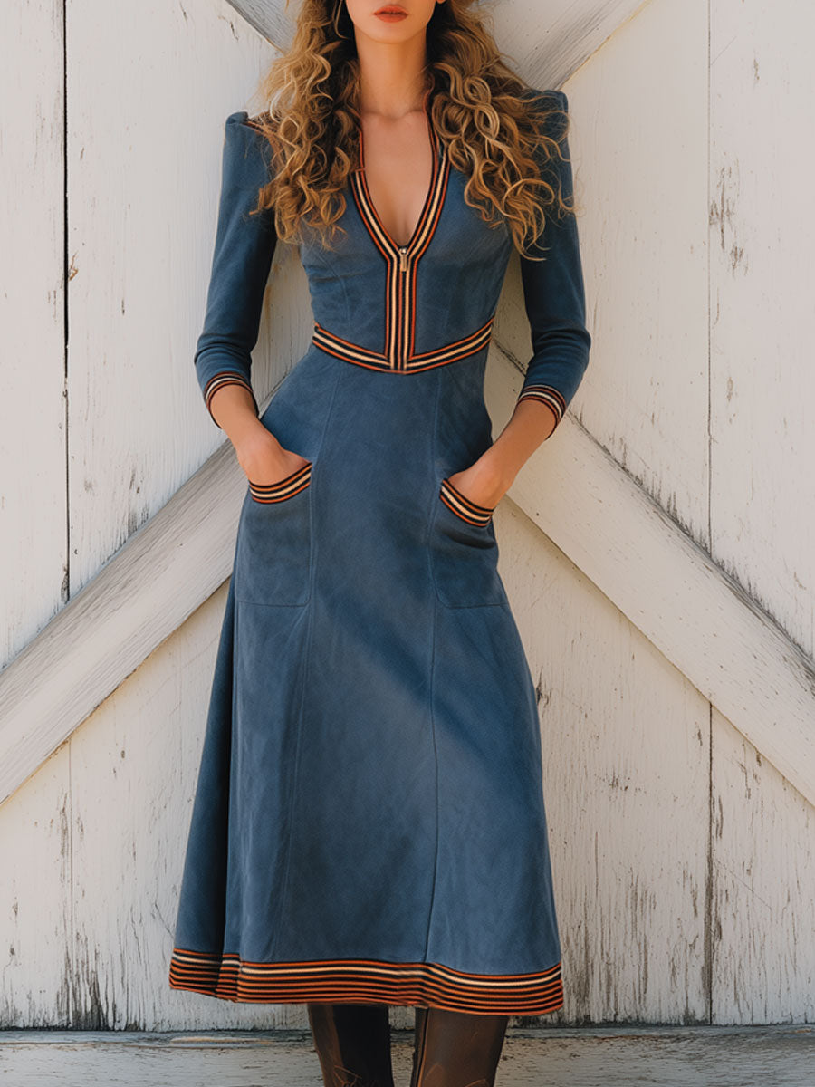 Western Retro Web Trim V-Neck Zipper Blue Faux Suede Long Sleeve Midi Dress