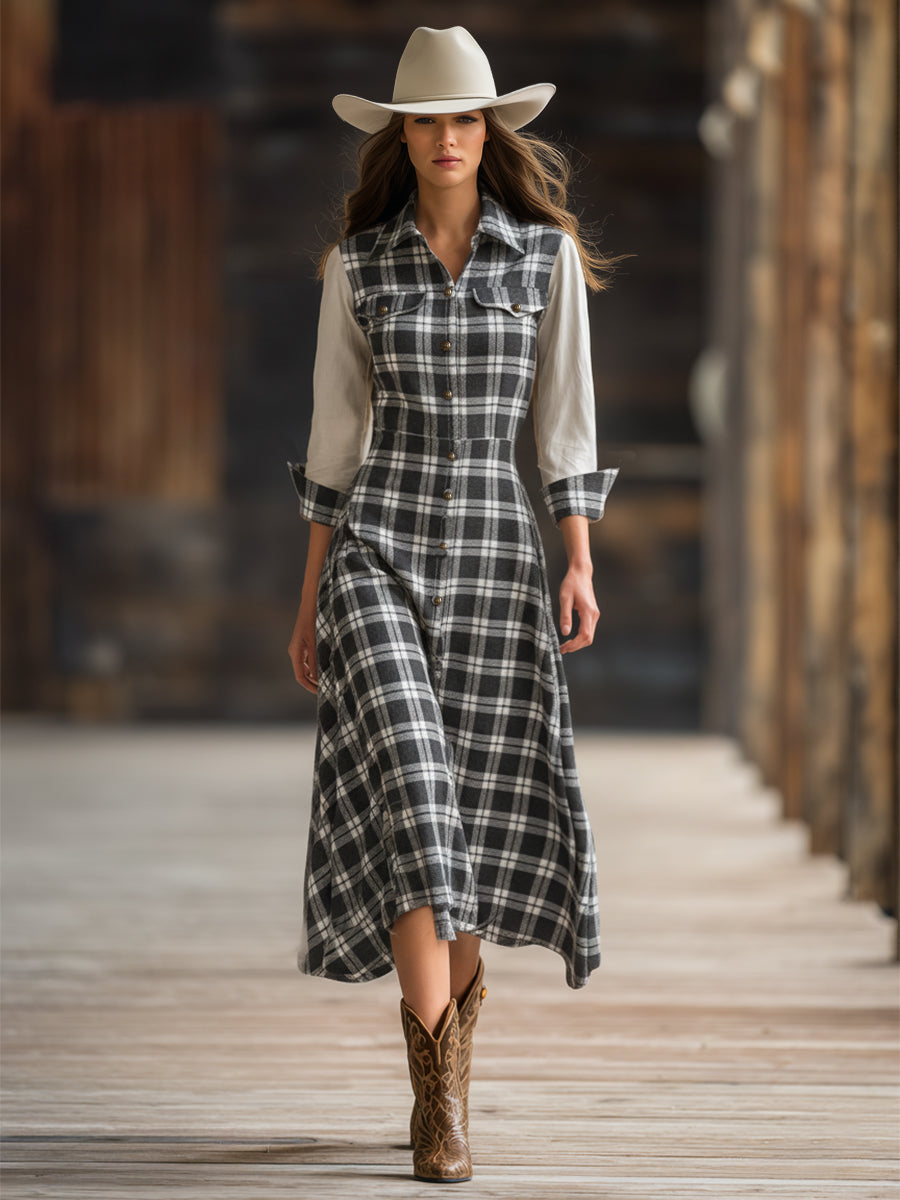 Trendy Retro Black And White Checkered Patchwork White Long-sleeved Midi Dress