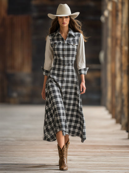 Trendy Retro Black And White Checkered Patchwork White Long-sleeved Midi Dress