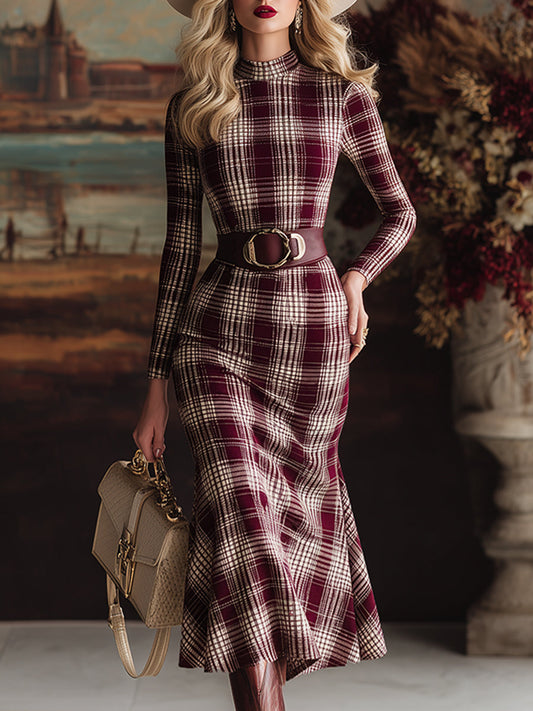 Retro-chic Plaid Long-sleeved Midi Dress