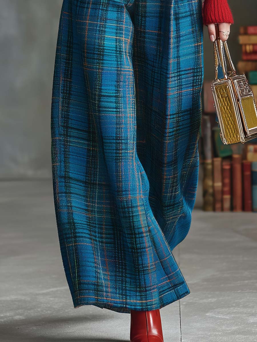 Vintage Fashion Versatile Blue Plaid Wide-leg Pants