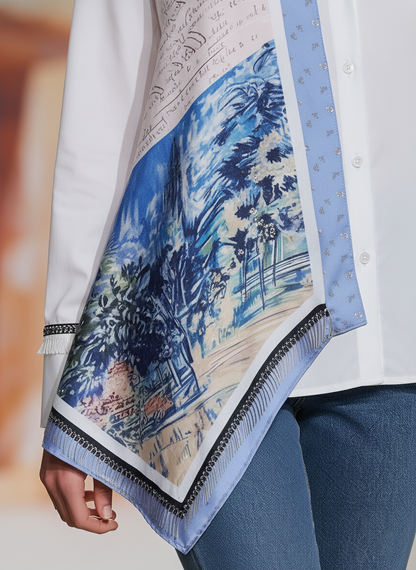 Stylish Silk Scarf Print White Loose-fitting Shirt