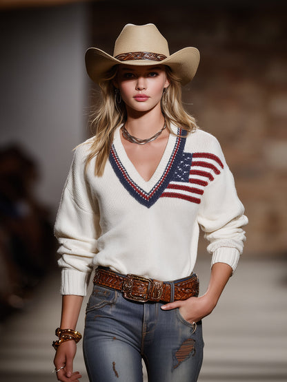 Western-style White V-neck Sweater With American Flag Elements