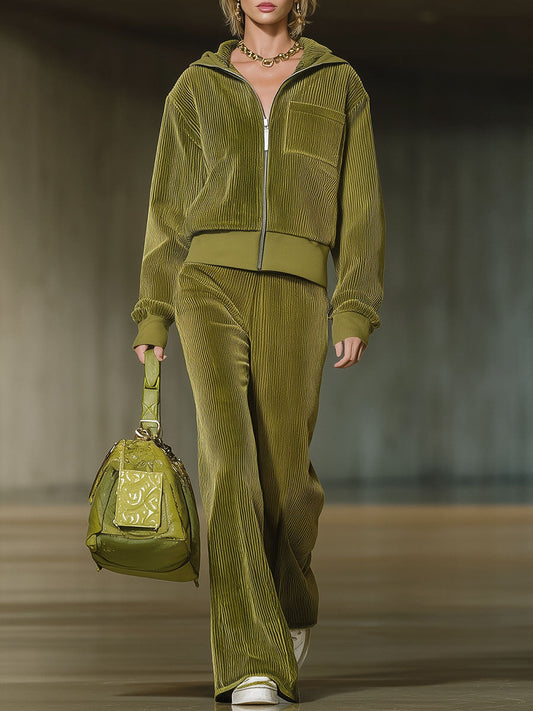 Stylish Olive Green Corduroy Zip-up Jacket And Long Suit